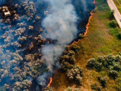 An aerial photo of a bushfire 